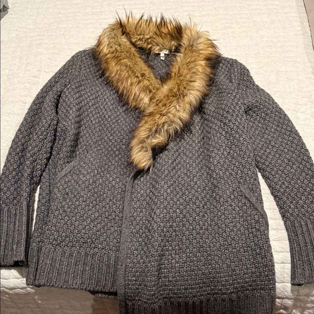 Joie Charcoal Gray Knit Cardigan with Faux Fur Collar